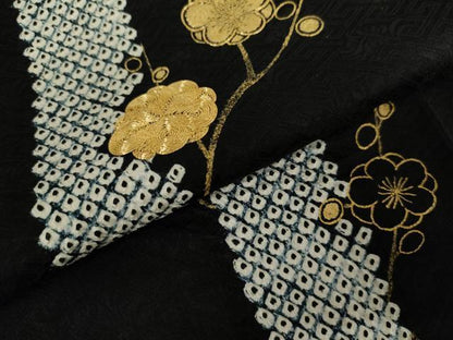 平和屋着物●訪問着　絞り　駒刺繍　竹屋町刺繍　枝梅　黒地　金彩　正絹　逸品　AABK4557cs