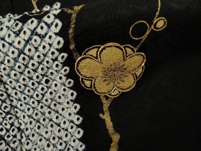 平和屋着物●訪問着　絞り　駒刺繍　竹屋町刺繍　枝梅　黒地　金彩　正絹　逸品　AABK4557cs