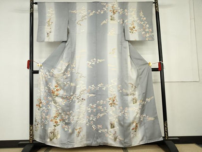 平和屋着物●訪問着　駒刺繍　流水草花文　暈し染め　金彩　正絹　逸品　AABK4560cs