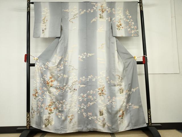 平和屋着物●訪問着　駒刺繍　流水草花文　暈し染め　金彩　正絹　逸品　AABK4560cs