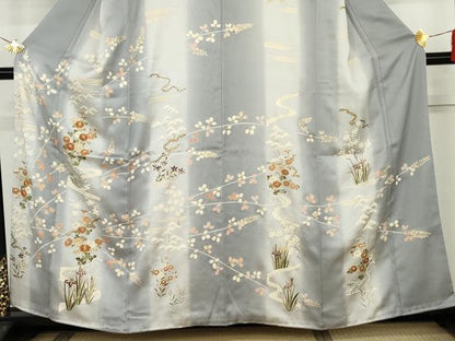 平和屋着物●訪問着　駒刺繍　流水草花文　暈し染め　金彩　正絹　逸品　AABK4560cs