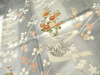 平和屋着物●訪問着　駒刺繍　流水草花文　暈し染め　金彩　正絹　逸品　AABK4560cs