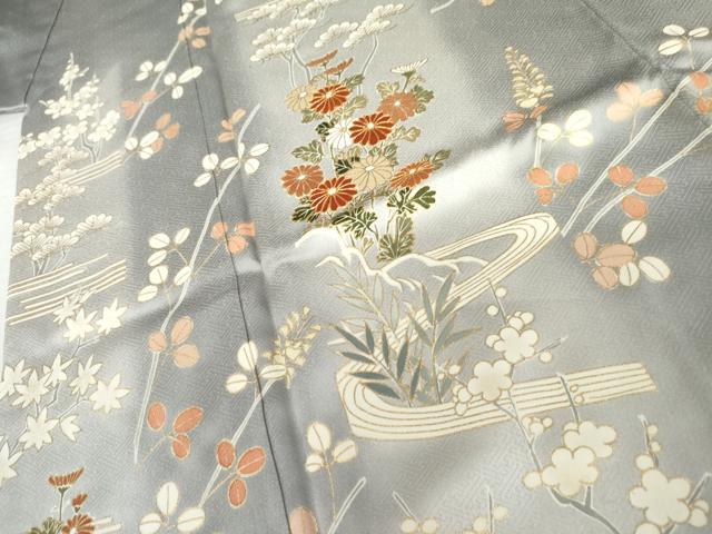 平和屋着物●訪問着　駒刺繍　流水草花文　暈し染め　金彩　正絹　逸品　AABK4560cs