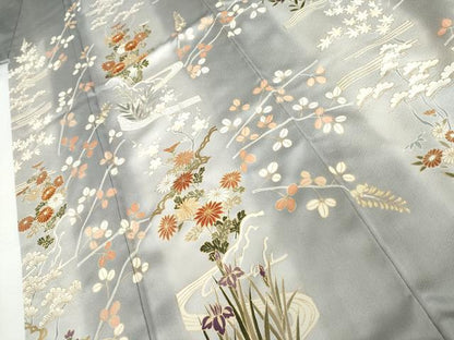 平和屋着物●訪問着　駒刺繍　流水草花文　暈し染め　金彩　正絹　逸品　AABK4560cs