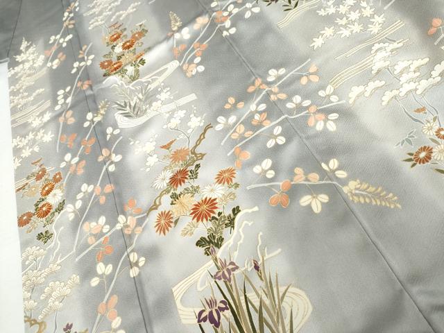 平和屋着物●訪問着　駒刺繍　流水草花文　暈し染め　金彩　正絹　逸品　AABK4560cs