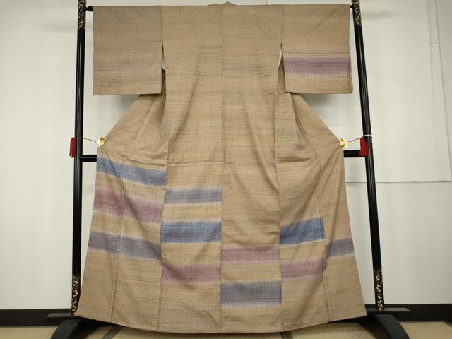 平和屋着物●訪問着　紬地　横段文　正絹　逸品　AABK4562cs
