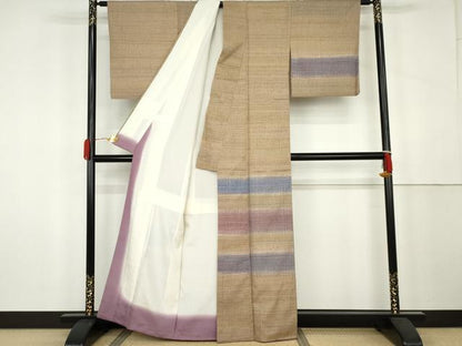 平和屋着物●訪問着　紬地　横段文　正絹　逸品　AABK4562cs