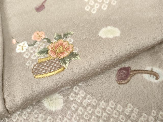 平和屋着物●訪問着　絞り　刺繍　仕覆花文　正絹　逸品　AABK4564cs