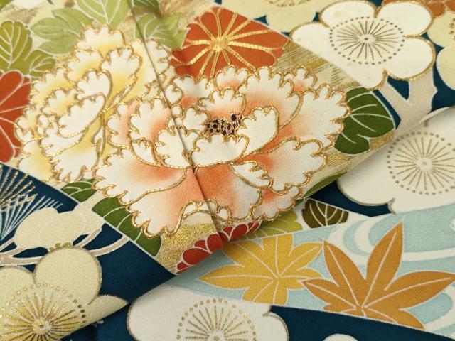 平和屋着物●創業460年・千總　振袖　駒刺繍　蔓帯梅松文　金糸　金彩　正絹　逸品　AABK4567cs