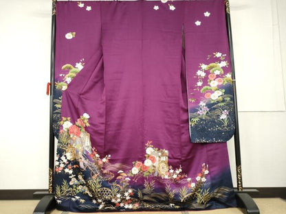 平和屋着物●豪華振袖　御所車草花文　暈し染め　金彩　ロング丈　正絹　逸品　AABK4578cs