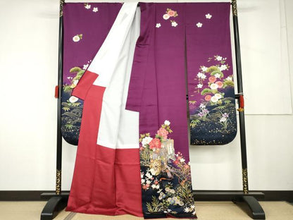 平和屋着物●豪華振袖　御所車草花文　暈し染め　金彩　ロング丈　正絹　逸品　AABK4578cs