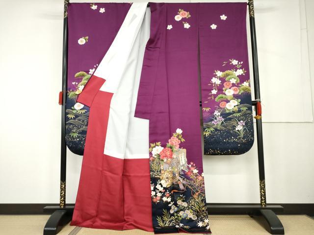 平和屋着物●豪華振袖　御所車草花文　暈し染め　金彩　ロング丈　正絹　逸品　AABK4578cs