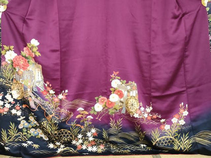 平和屋着物●豪華振袖　御所車草花文　暈し染め　金彩　ロング丈　正絹　逸品　AABK4578cs