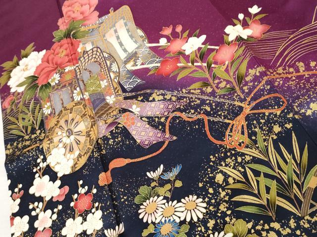 平和屋着物●豪華振袖　御所車草花文　暈し染め　金彩　ロング丈　正絹　逸品　AABK4578cs