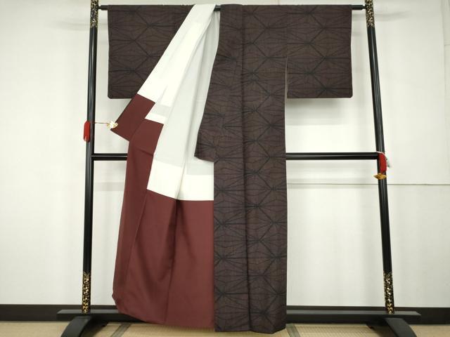 平和屋着物●結城紬　100亀甲　麻の葉文様　正絹　逸品　AABK4588cs