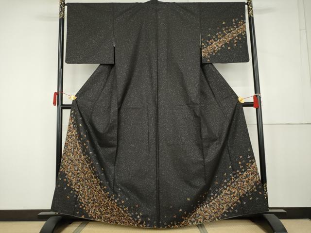 平和屋着物●本場大島紬　染大島　訪問着　総刺繍　舞葉文　黒地　銀彩　金糸　ますいわ屋扱い　正絹　逸品　AABK4594cs