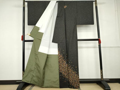 平和屋着物●本場大島紬　染大島　訪問着　総刺繍　舞葉文　黒地　銀彩　金糸　ますいわ屋扱い　正絹　逸品　AABK4594cs