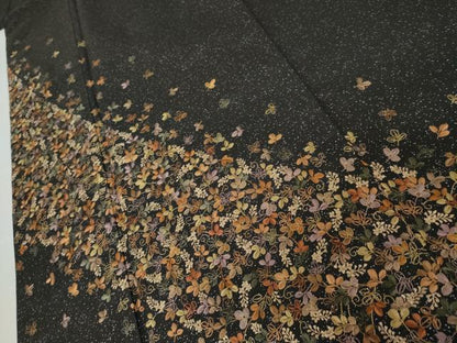 平和屋着物●本場大島紬　染大島　訪問着　総刺繍　舞葉文　黒地　銀彩　金糸　ますいわ屋扱い　正絹　逸品　AABK4594cs