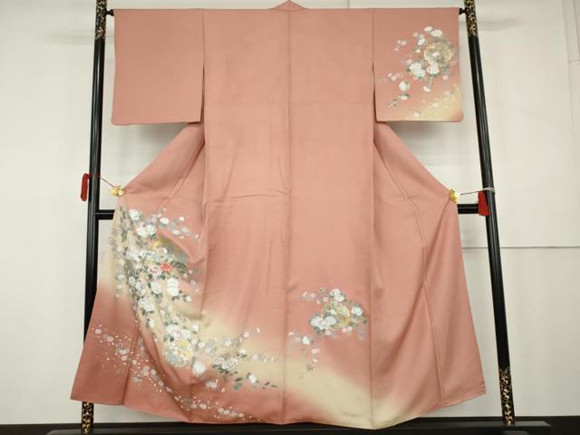平和屋着物●訪問着　刺繍　雪輪枝花文　暈し染め　金糸　金銀彩　正絹　逸品　AABK4596cs