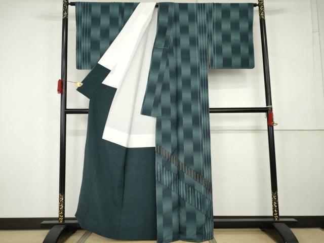 平和屋着物●訪問着　紬地　絞り　霞市松文　正絹　逸品　AABK4598cs