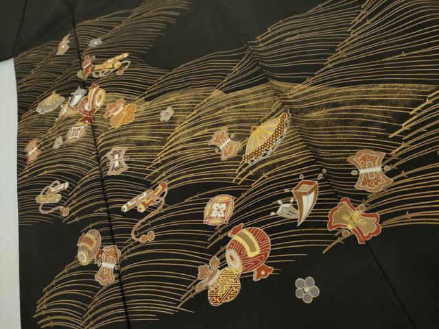 平和屋着物▼豪華黒留袖　駒刺繍　宝尽くし　金彩　正絹　逸品　AABK4606cs