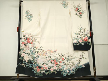 平和屋着物●豪華振袖　友禅　花鳥文　暈し染め　正絹　逸品　AABK4627cs