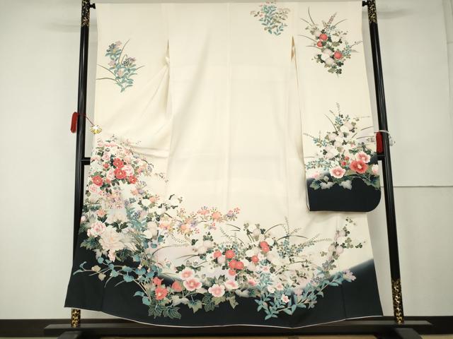平和屋着物●豪華振袖　友禅　花鳥文　暈し染め　正絹　逸品　AABK4627cs