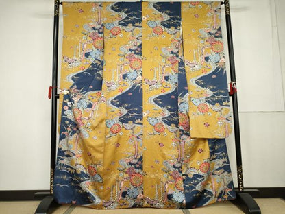 平和屋着物●豪華振袖　型染め　花蝶文　金彩　正絹　逸品　AABK4630cs
