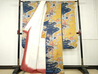 平和屋着物●豪華振袖　型染め　花蝶文　金彩　正絹　逸品　AABK4630cs
