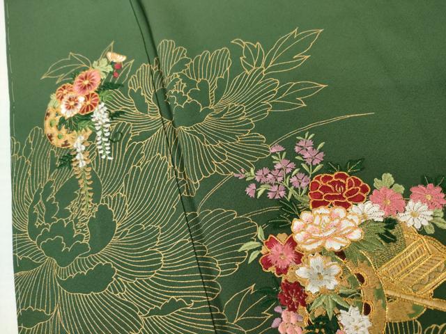 平和屋着物●豪華振袖　駒刺繍　花車文　金糸　金彩　正絹　逸品　未使用　AABK4631cs