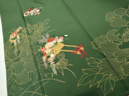 平和屋着物●豪華振袖　駒刺繍　花車文　金糸　金彩　正絹　逸品　未使用　AABK4631cs