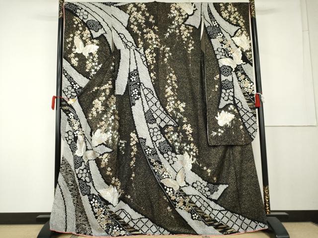 平和屋着物●豪華振袖　絞り　蔓帯花蝶文　黒地　金銀彩　やまと誂製　正絹　逸品　AABK4633cs