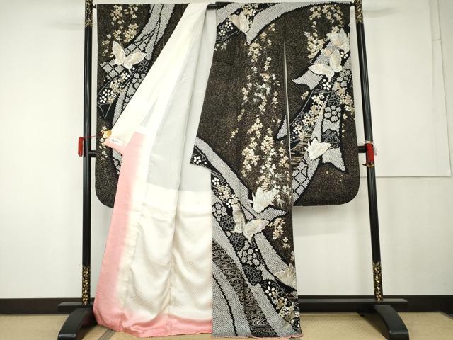 平和屋着物●豪華振袖　絞り　蔓帯花蝶文　黒地　金銀彩　やまと誂製　正絹　逸品　AABK4633cs