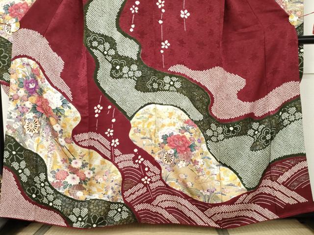 平和屋着物●豪華振袖　絞り　駒刺繍　花車文　金銀彩　正絹　逸品　AABK4639cs