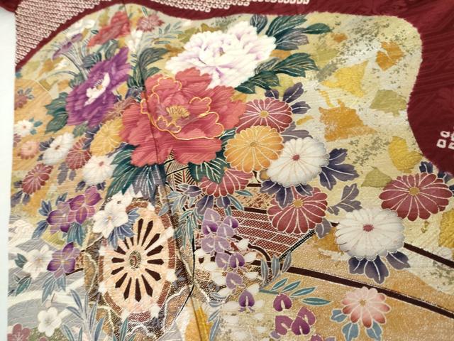 平和屋着物●豪華振袖　絞り　駒刺繍　花車文　金銀彩　正絹　逸品　AABK4639cs