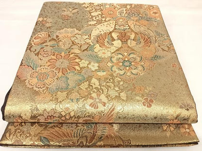 平和屋着物◎六通柄袋帯　向かい鳥花文　金糸　正絹　逸品　AABK4641yx