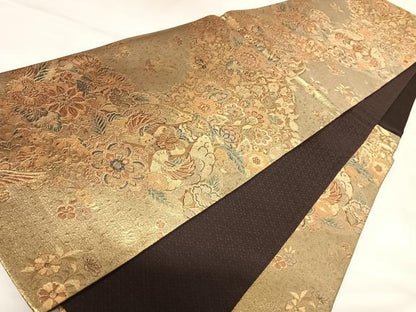 平和屋着物◎六通柄袋帯　向かい鳥花文　金糸　正絹　逸品　AABK4641yx