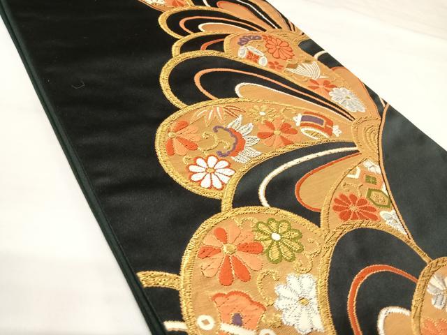 平和屋着物◎六通柄袋帯　唐織　花宝づくし　黒地　金銀糸　正絹　逸品　AABK4644yx