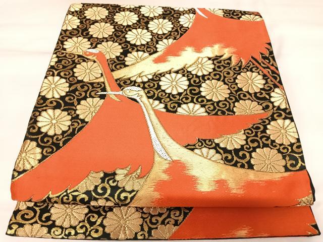 平和屋着物◎六通柄袋帯　唐織　飛鶴花唐草文　黒地　金銀糸　正絹　逸品　AABK4647yx