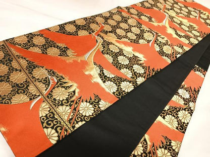 平和屋着物◎六通柄袋帯　唐織　飛鶴花唐草文　黒地　金銀糸　正絹　逸品　AABK4647yx