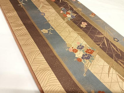 平和屋着物◎六通柄袋帯　唐織　扇面花文　金糸　正絹　逸品　AABK4648yx
