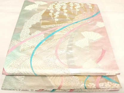 平和屋着物◎六通柄袋帯　唐織　扇面流水花文　金銀糸　正絹　逸品　AABK4653yx