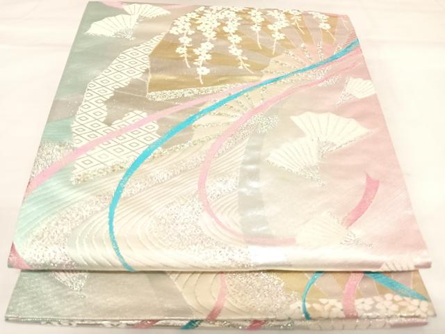 平和屋着物◎六通柄袋帯　唐織　扇面流水花文　金銀糸　正絹　逸品　AABK4653yx