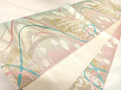 平和屋着物◎六通柄袋帯　唐織　扇面流水花文　金銀糸　正絹　逸品　AABK4653yx