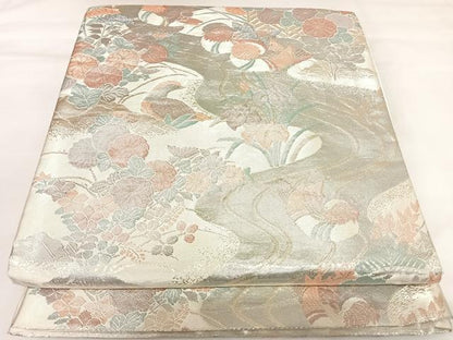 平和屋着物◎六通柄袋帯　流水鴛鴦花文　プラチナ箔　正絹　逸品　AABK4654yx