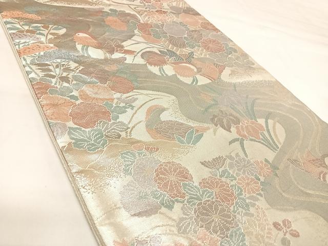 平和屋着物◎六通柄袋帯　流水鴛鴦花文　プラチナ箔　正絹　逸品　AABK4654yx