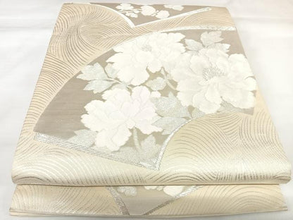 平和屋着物◎六通柄袋帯　唐織　地紙花文　銀糸　正絹　逸品　AABK4659yx