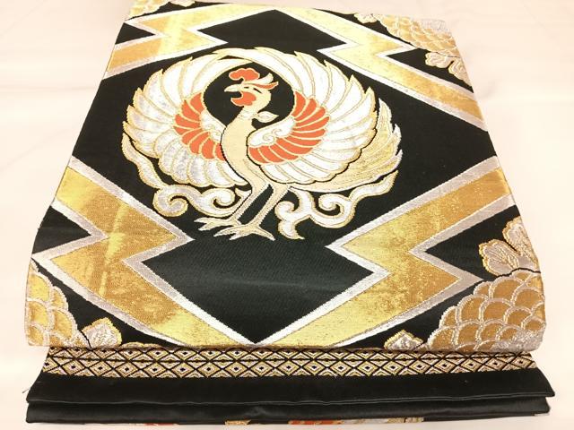 平和屋着物◎丸帯　松皮菱花鳥文　黒地　金銀糸　正絹　逸品　AABK4660yx