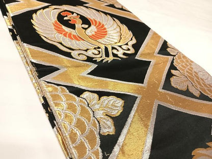 平和屋着物◎丸帯　松皮菱花鳥文　黒地　金銀糸　正絹　逸品　AABK4660yx