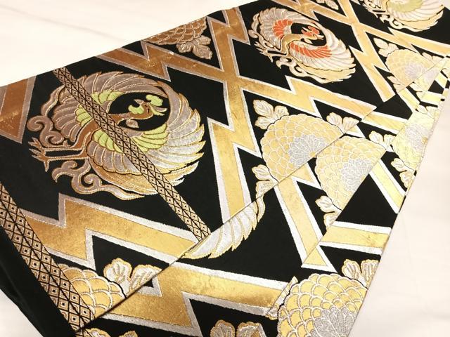平和屋着物◎丸帯　松皮菱花鳥文　黒地　金銀糸　正絹　逸品　AABK4660yx